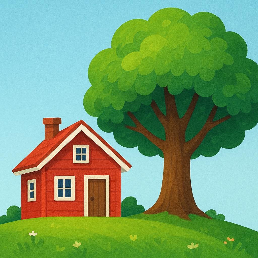 A small red house situated immediately beside a large, leafy green tree.