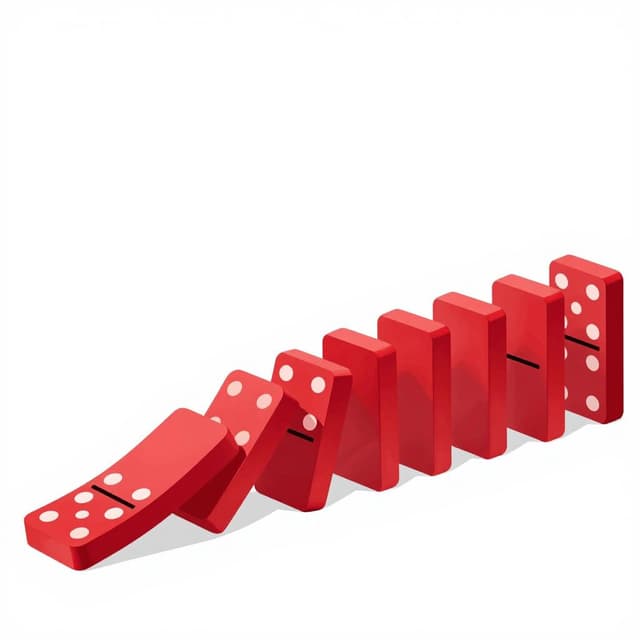 A single falling domino starting a long row of other dominos to fall.