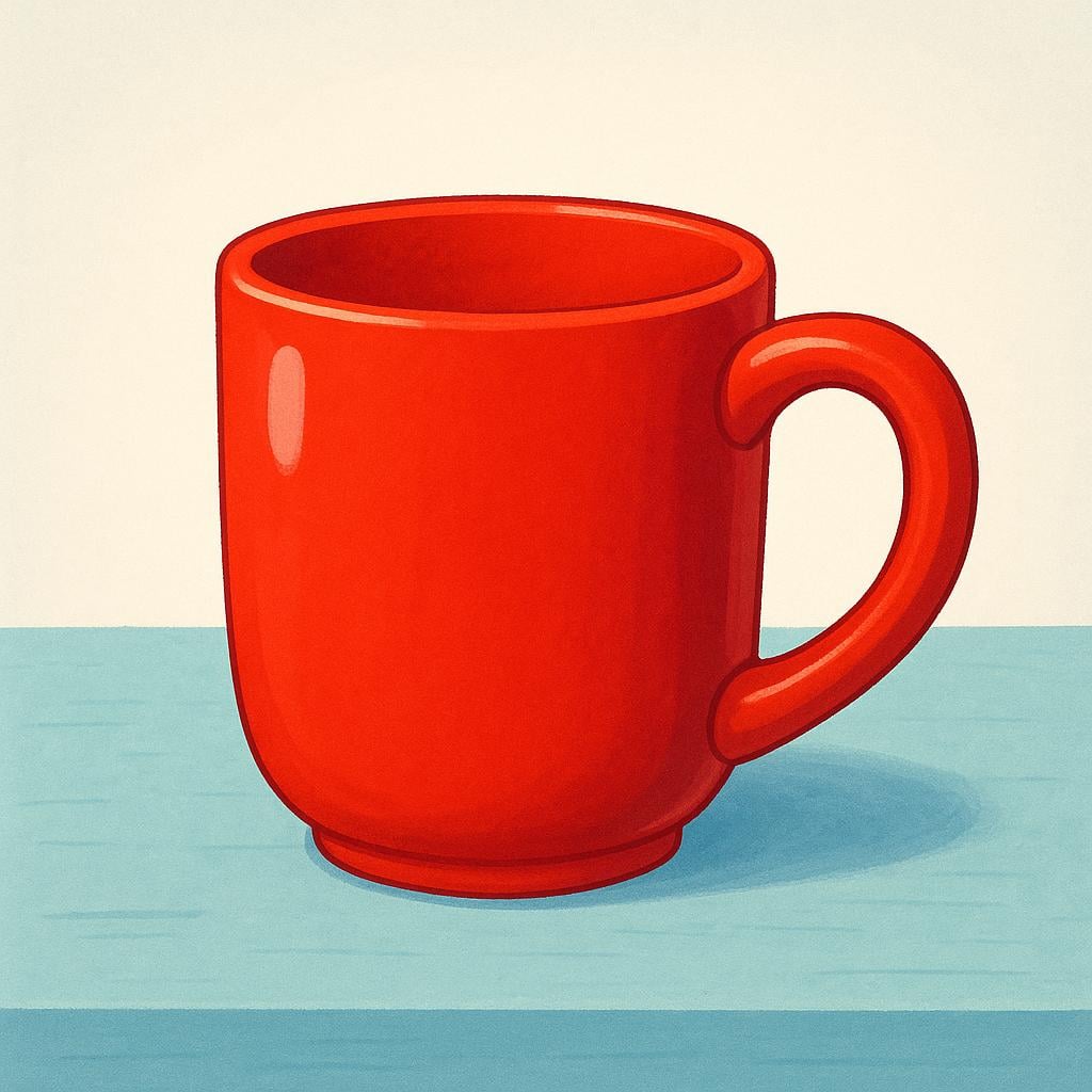 A bright red ceramic coffee mug sitting on a surface, emphasizing the handle attached to its side.