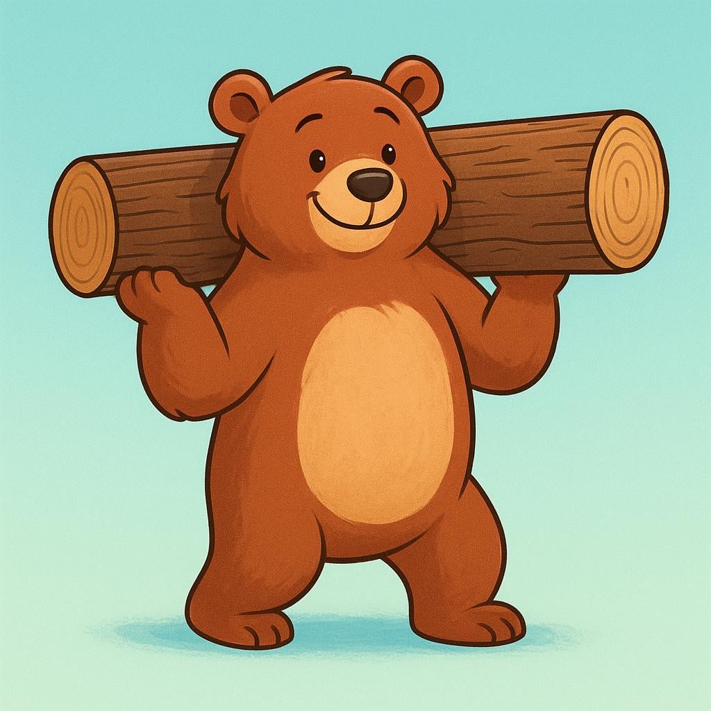 A strong bear character is physically holding up a large, heavy wooden log on its back, demonstrating physical support.