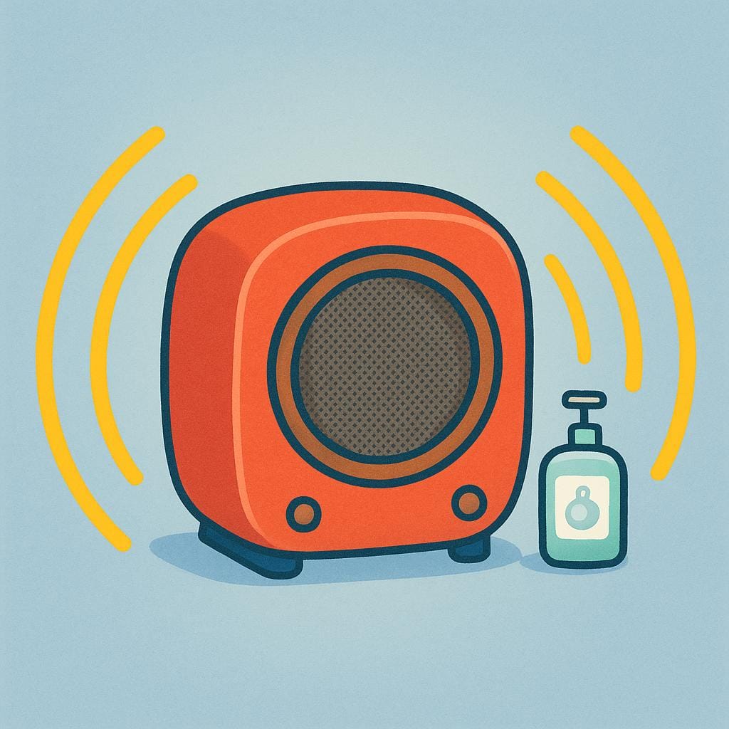 A large, brightly colored radio speaker emitting sound waves, with a small, stylized icon of a common item, like a bottle of soap, floating within the sound waves, symbolizing a radio advertisement.