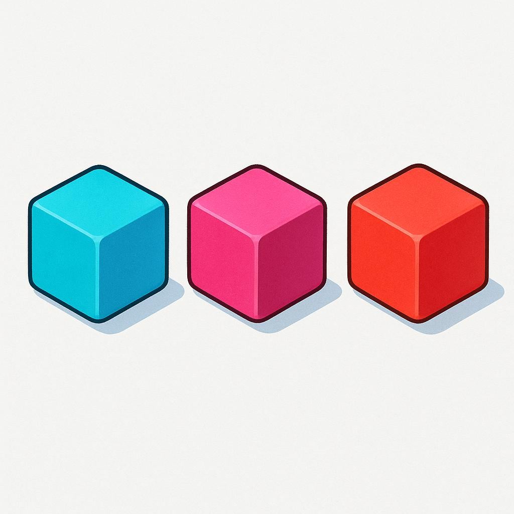 Three identical brightly colored geometric blocks are arranged in a specific, spaced formation on a simple surface, illustrating physical placement.