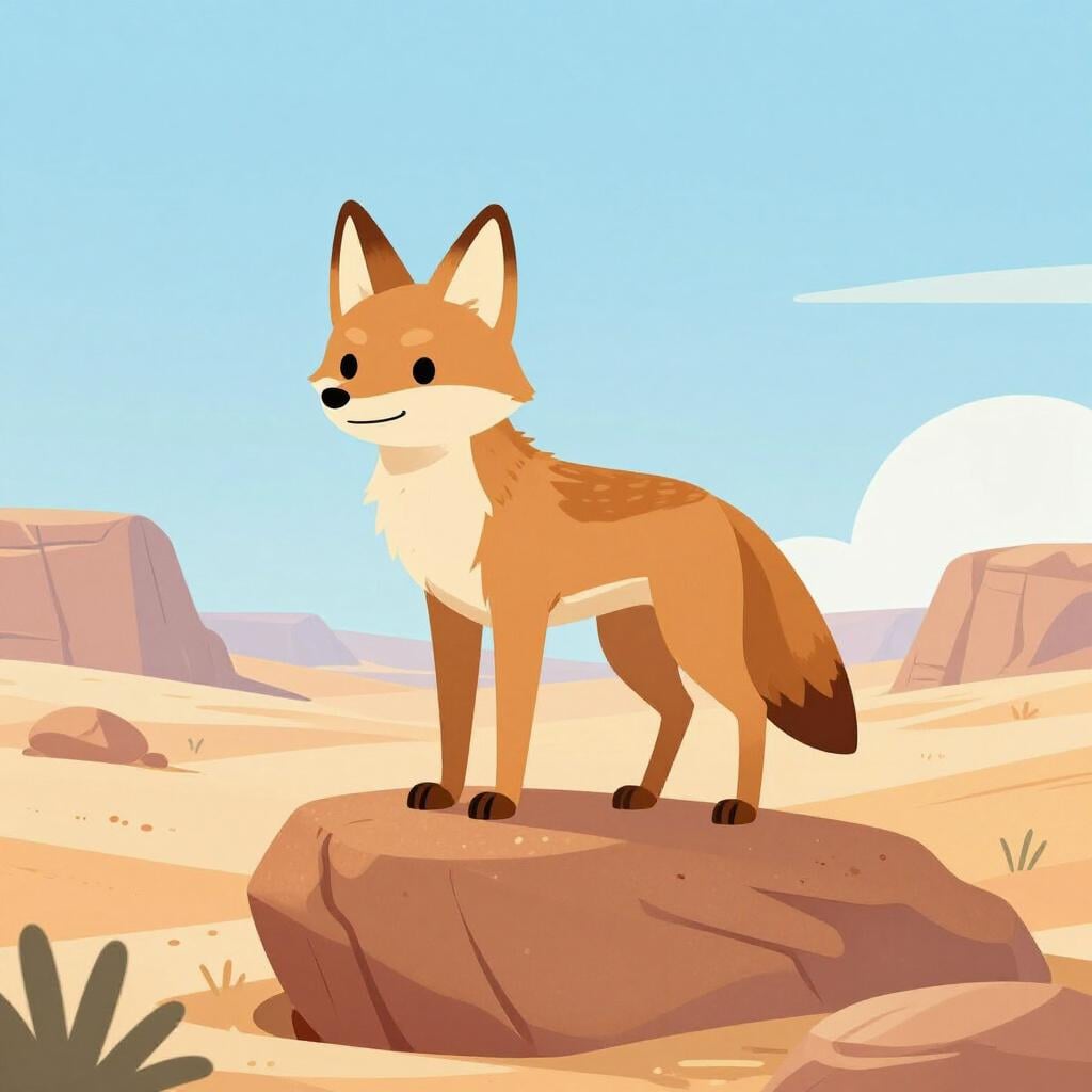 Un coyote sauvage debout sur un rocher dans le désert avec des montagnes en arrière-plan.