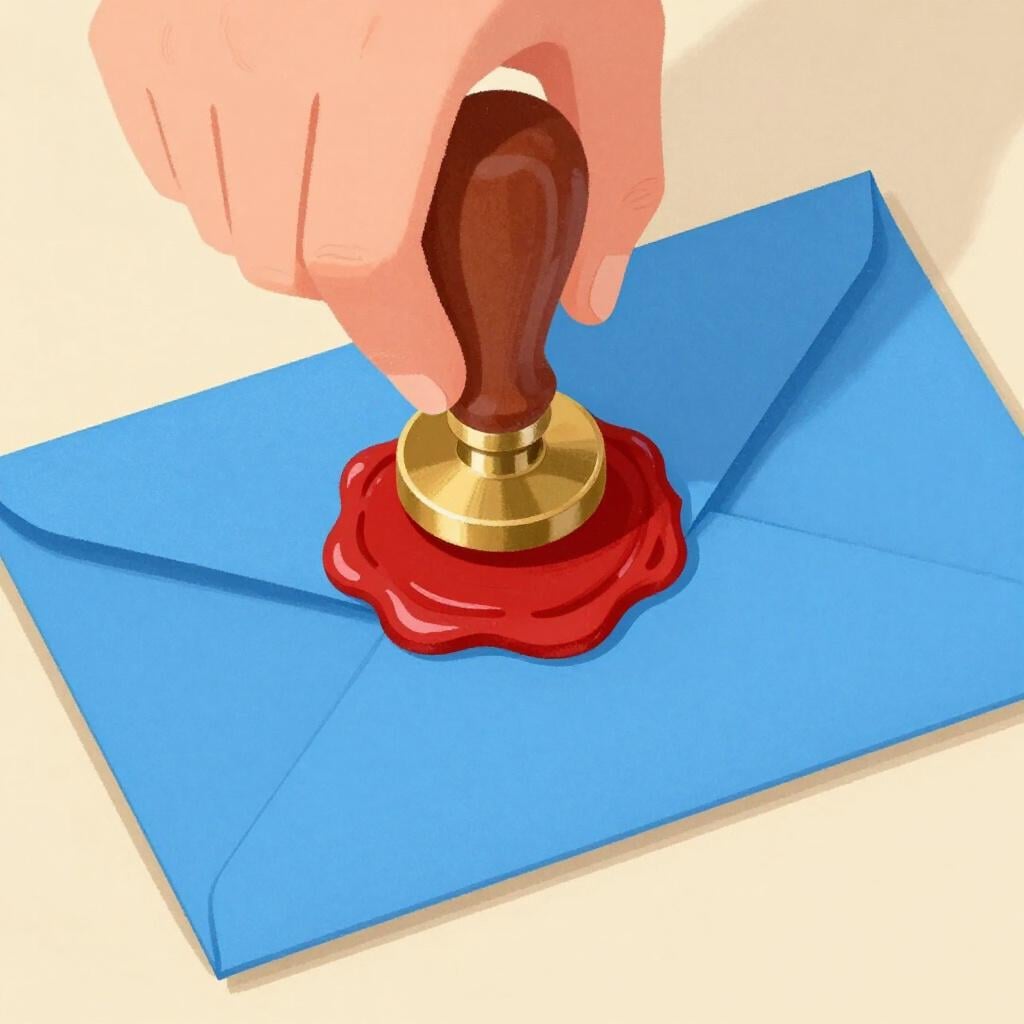 La mano di una persona che preme un timbro di ceralacca su una busta di carta piegata.