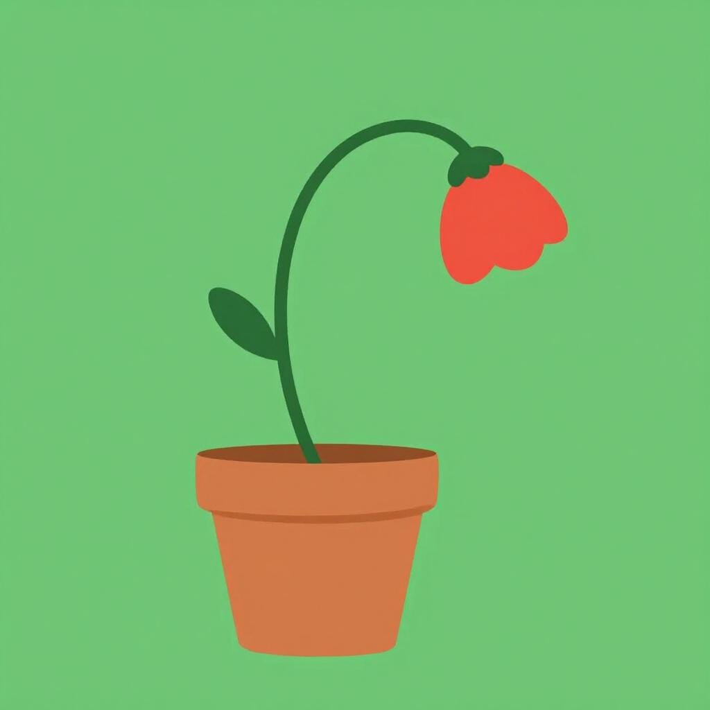 A wilted, drooping flower with a bent stem in a small pot.