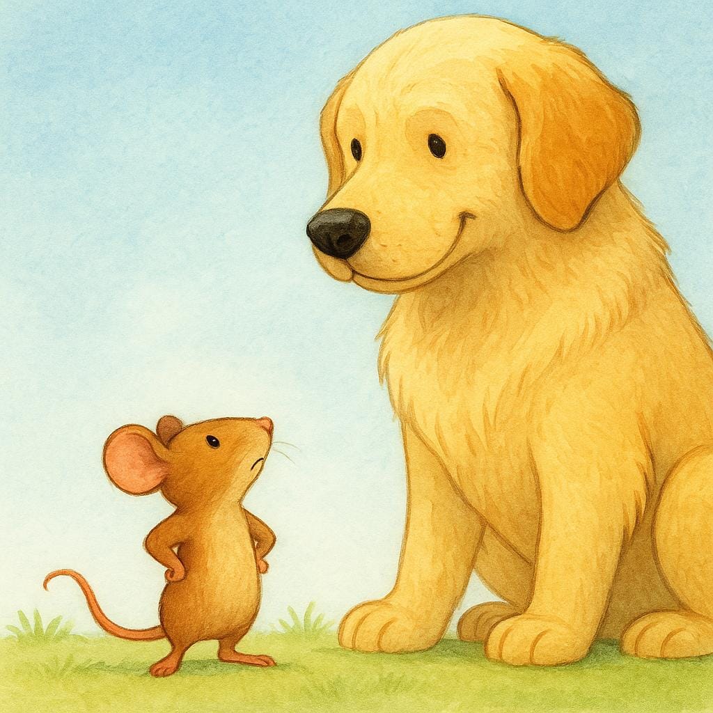 A tiny, brave mouse standing confidently on the ground before a large, gentle dog, symbolizing courage.