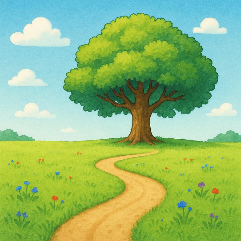A colorful illustration of a winding dirt path in a sunny meadow, clearly leading toward a singular, massive, fully grown oak tree in the distance.