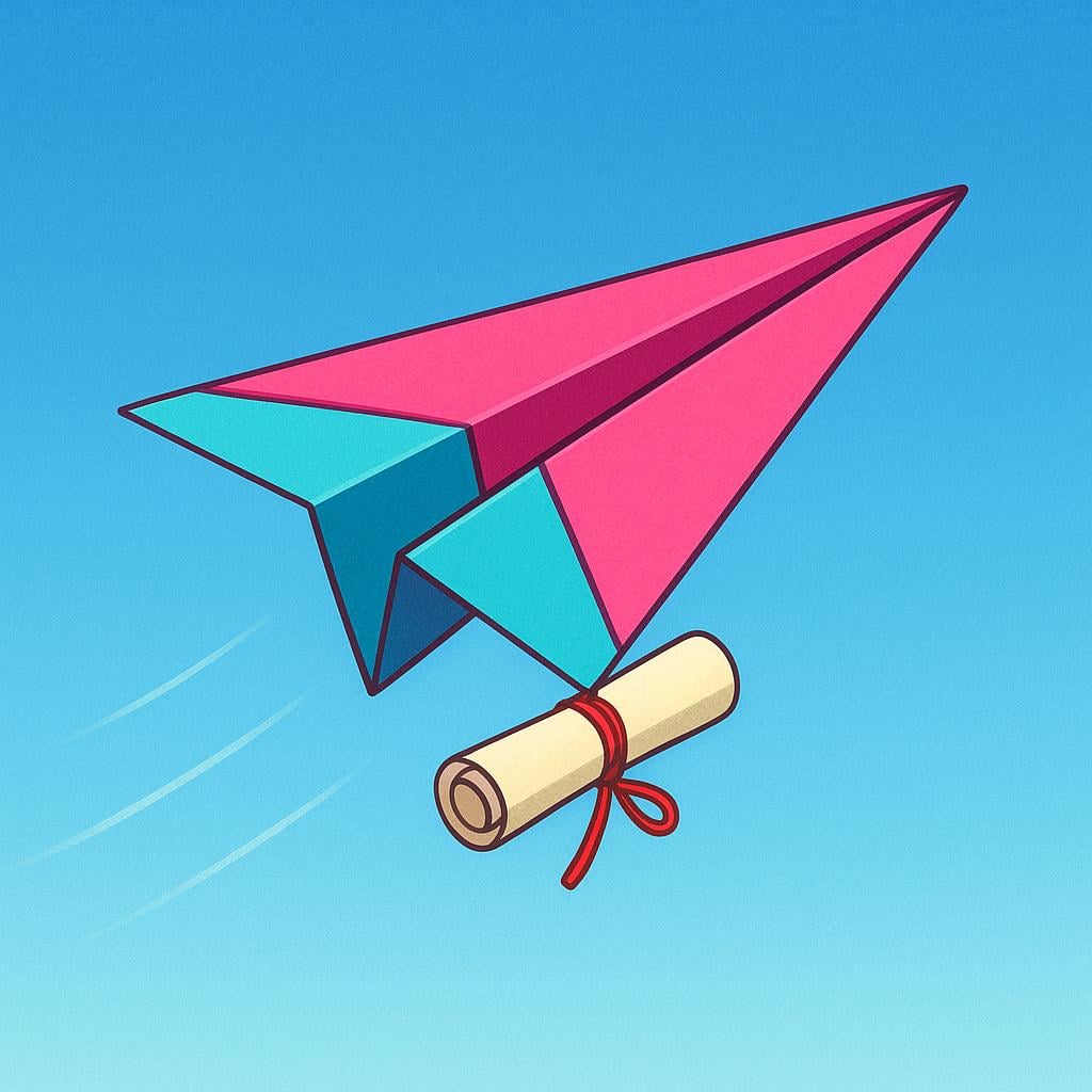 A single, brightly colored paper airplane soaring across a clear blue sky. The airplane is clearly carrying a small, simplified scroll tied underneath it, representing a delivered message.