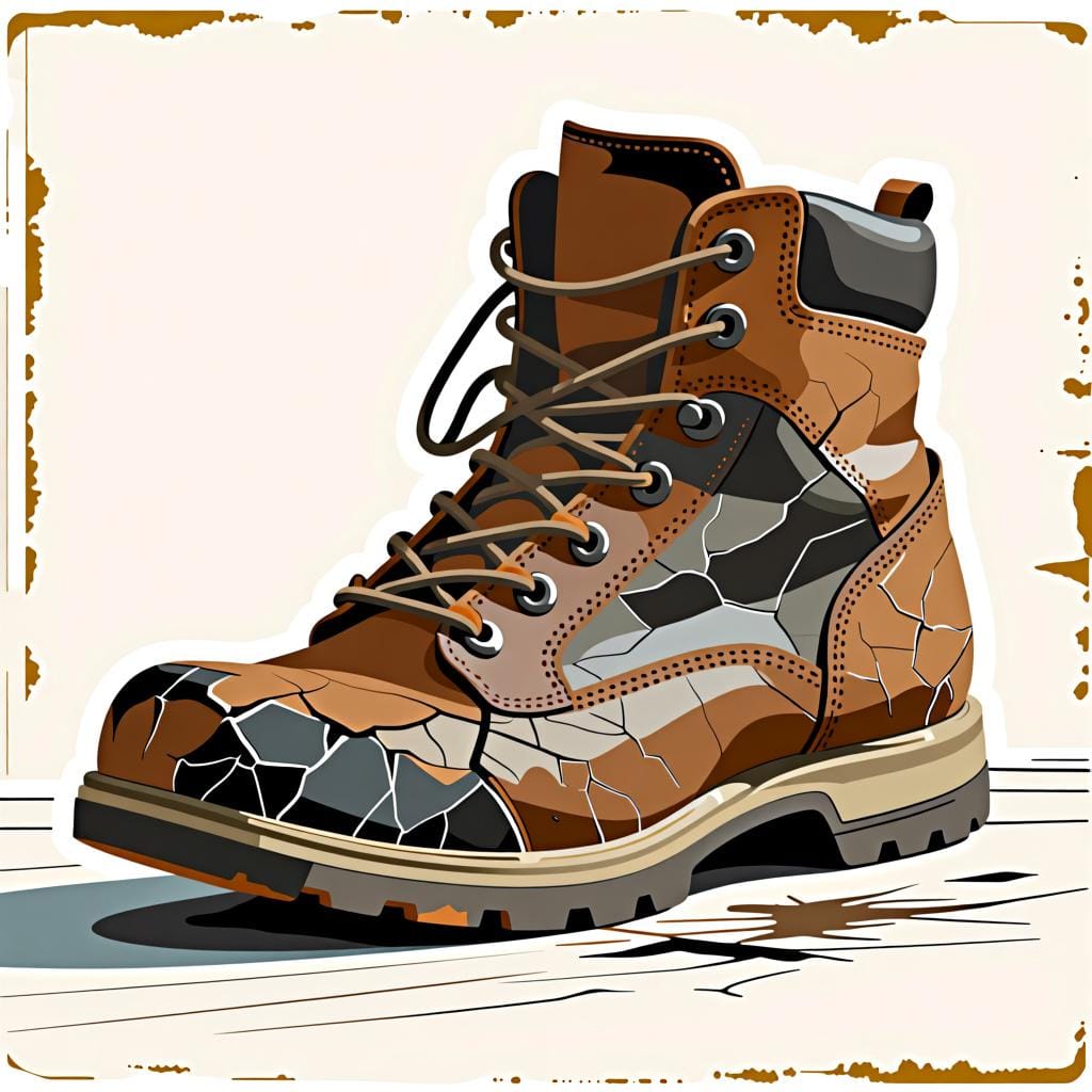 A close-up of a severely worn-out, cracked brown leather hiking boot, showing deep creases and scuffed edges from long use.