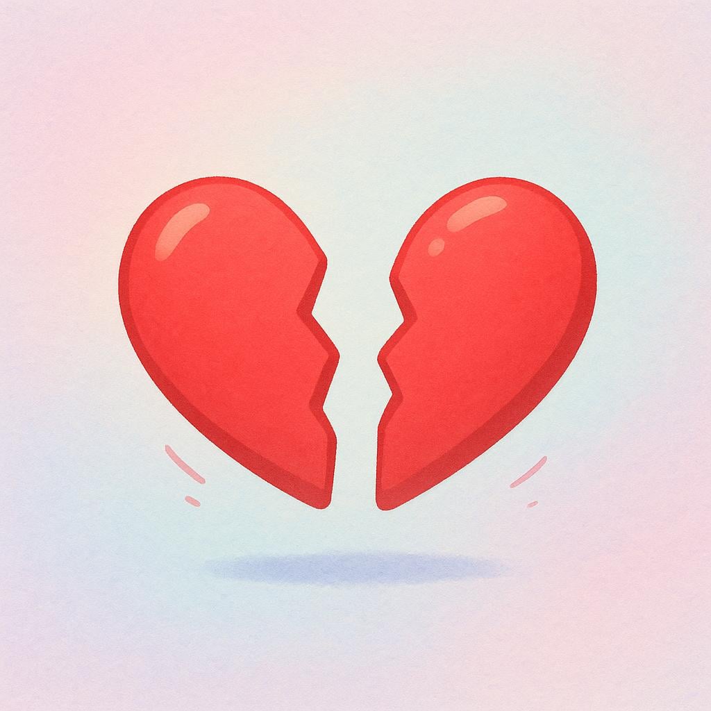 Two halves of a large, single red heart that have been cleanly split down the middle, with the two halves drifting away from each other.