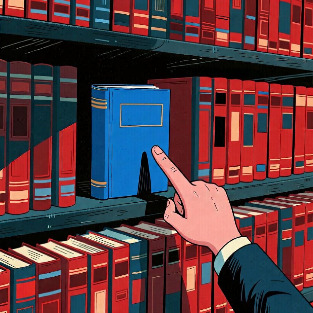 A hand pointing to a single blue book on a shelf filled with identical red books, selecting 'one' from the group.