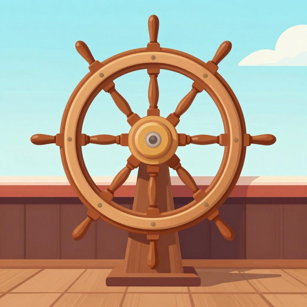 A large, classic wooden ship's steering wheel standing alone on a deck.