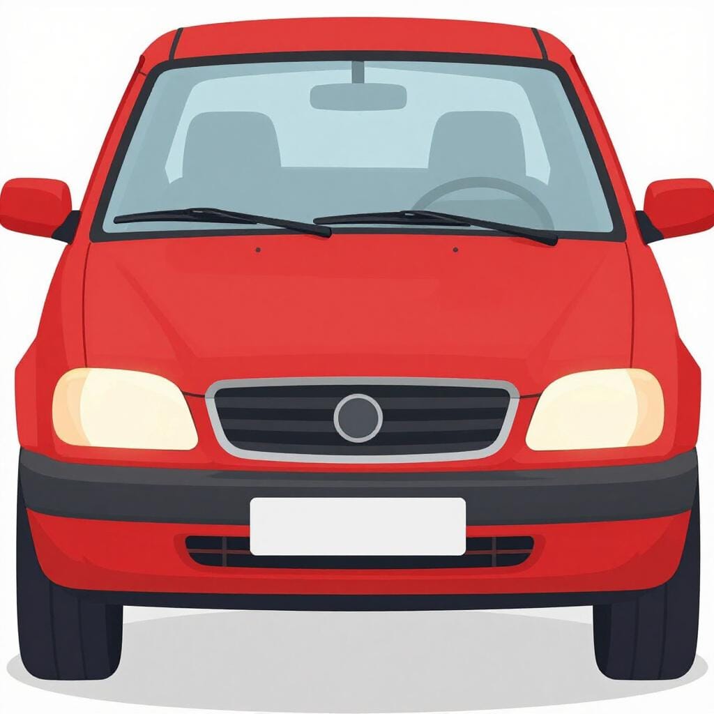 Ein leuchtend rotes Auto mit hervorgehobenen vorderen Scheinwerfern und Kühlergrill, das die vordere Position zeigt.