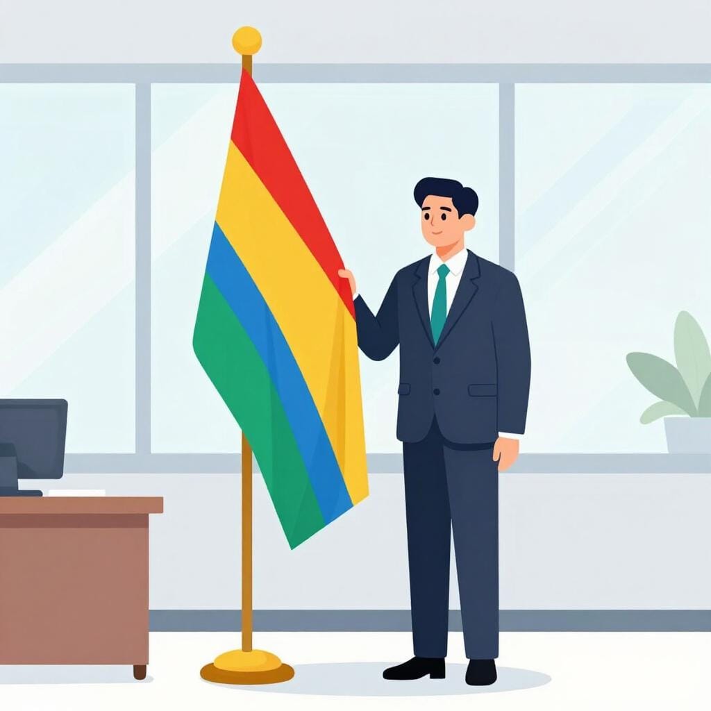 A formal diplomat wearing a suit and a sash standing in front of a large flag.