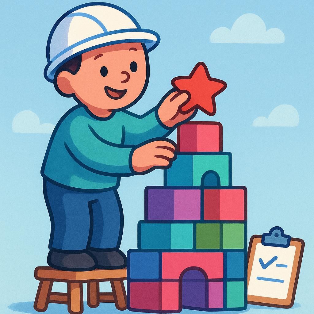 A happy figure wearing a safety helmet places the final block onto a small, completed, colorful structure, symbolizing the successful execution of a plan.