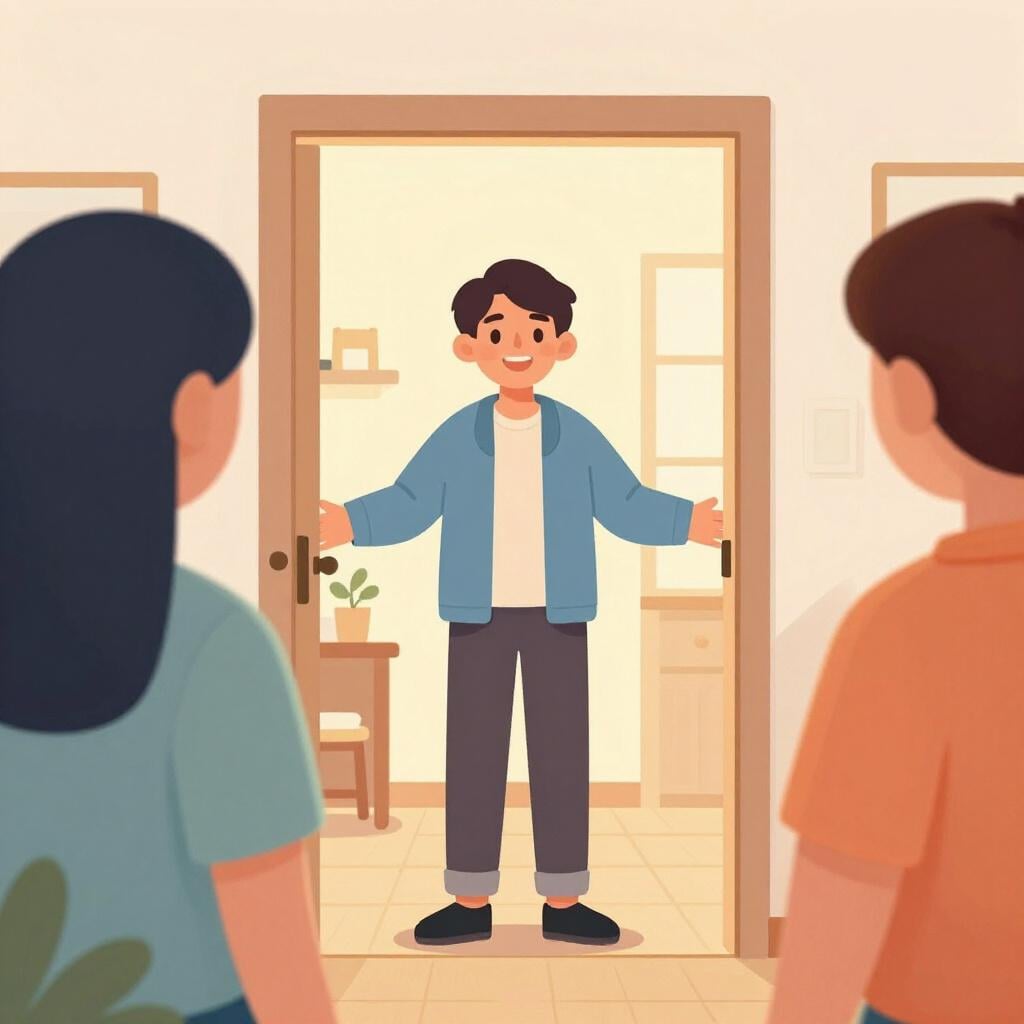 Uma pessoa amigável abrindo a porta da frente com um sorriso caloroso e braços abertos para receber um convidado.