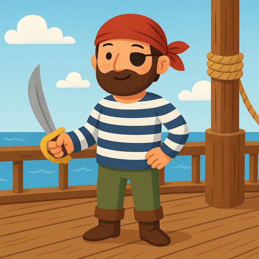 Een cartoonachtige piraat met een ooglapje, bandana en zwaard staand op een scheepsdek.
