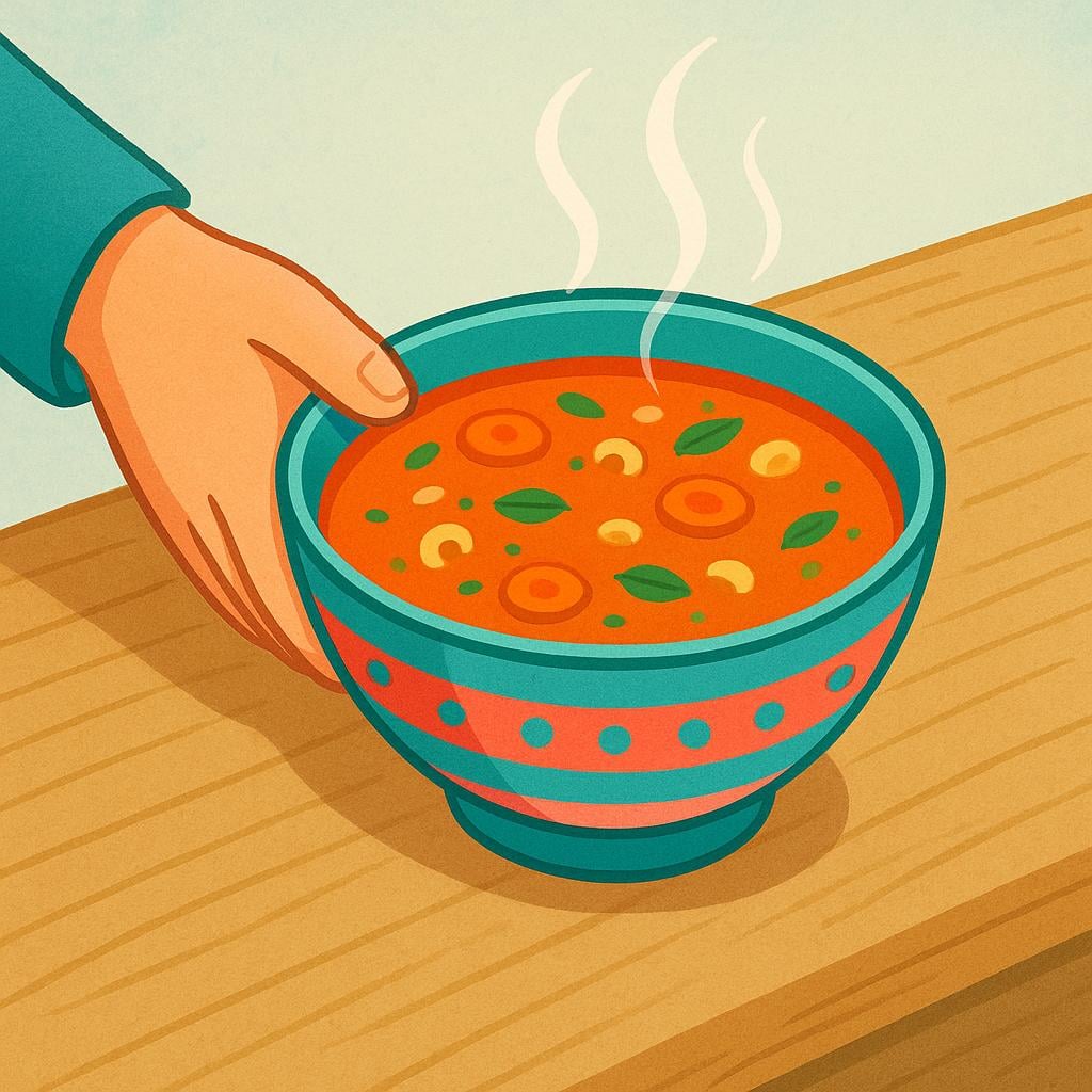 A close-up view of a server's hand placing a colorful bowl of soup onto a wooden counter or table, illustrating the action of serving food.