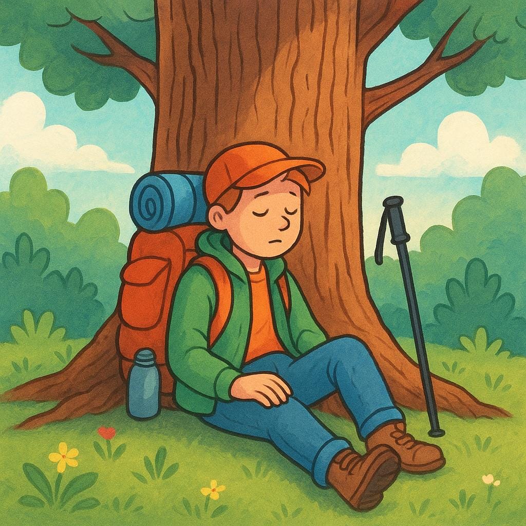 Um caminhante cansado fazendo uma pausa, apoiando-se completamente no tronco grosso de uma árvore grande para descanso e estabilidade.