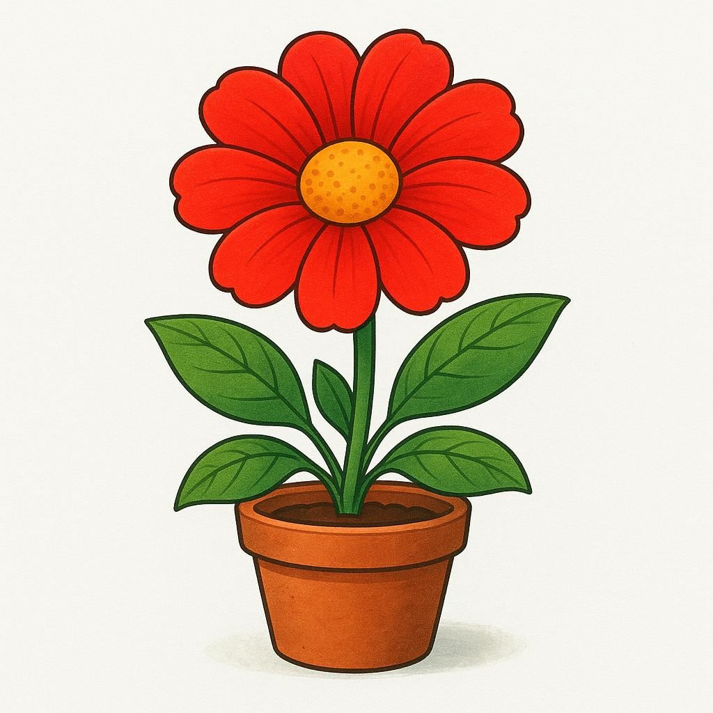 A small, brown terracotta pot sitting on a light surface. A single, very large, vibrant red flower with green leaves has successfully bloomed from the pot, symbolizing a positive outcome.