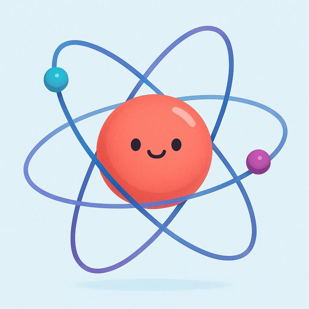 A simple, colorful illustration of an atomic structure, featuring three electrons orbiting a central nucleus.