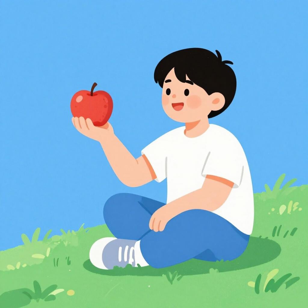 A happy character sitting on a grassy hill holding a single shiny red apple with a contented expression.