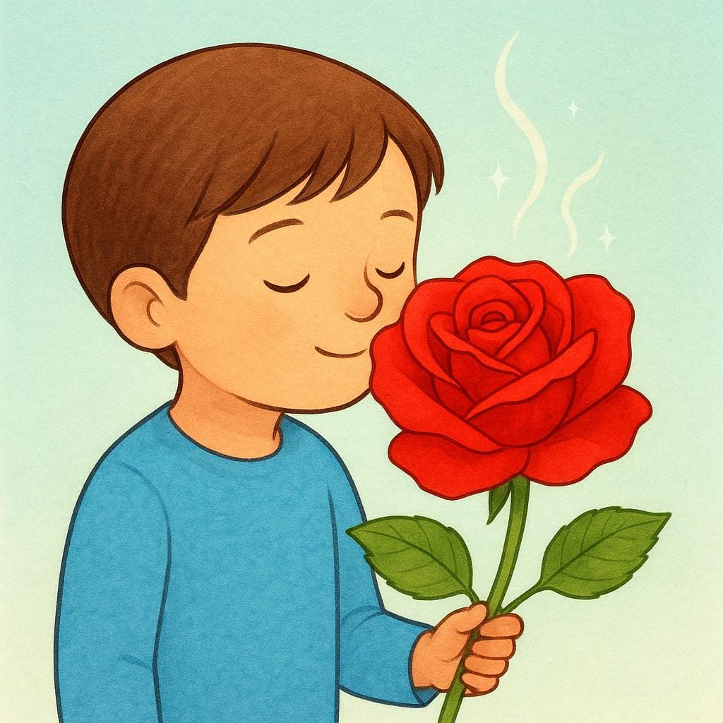 Un enfant heureux se penchant près d'une grande rose rouge aux couleurs vives, inhalant profondément le parfum, les yeux fermés.