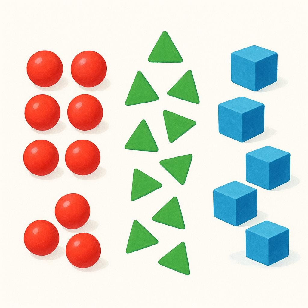 Drie duidelijke, gescheiden verzamelingen van eenvoudige, kleurrijke objecten: een groep rode ballen, een groep groene driehoeken en een groep blauwe kubussen, wat het concept van meerdere groepen illustreert.