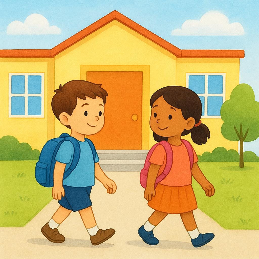 A simple colorful illustration showing two smiling children, a boy and a girl, wearing backpacks and walking side-by-side outside a school building.