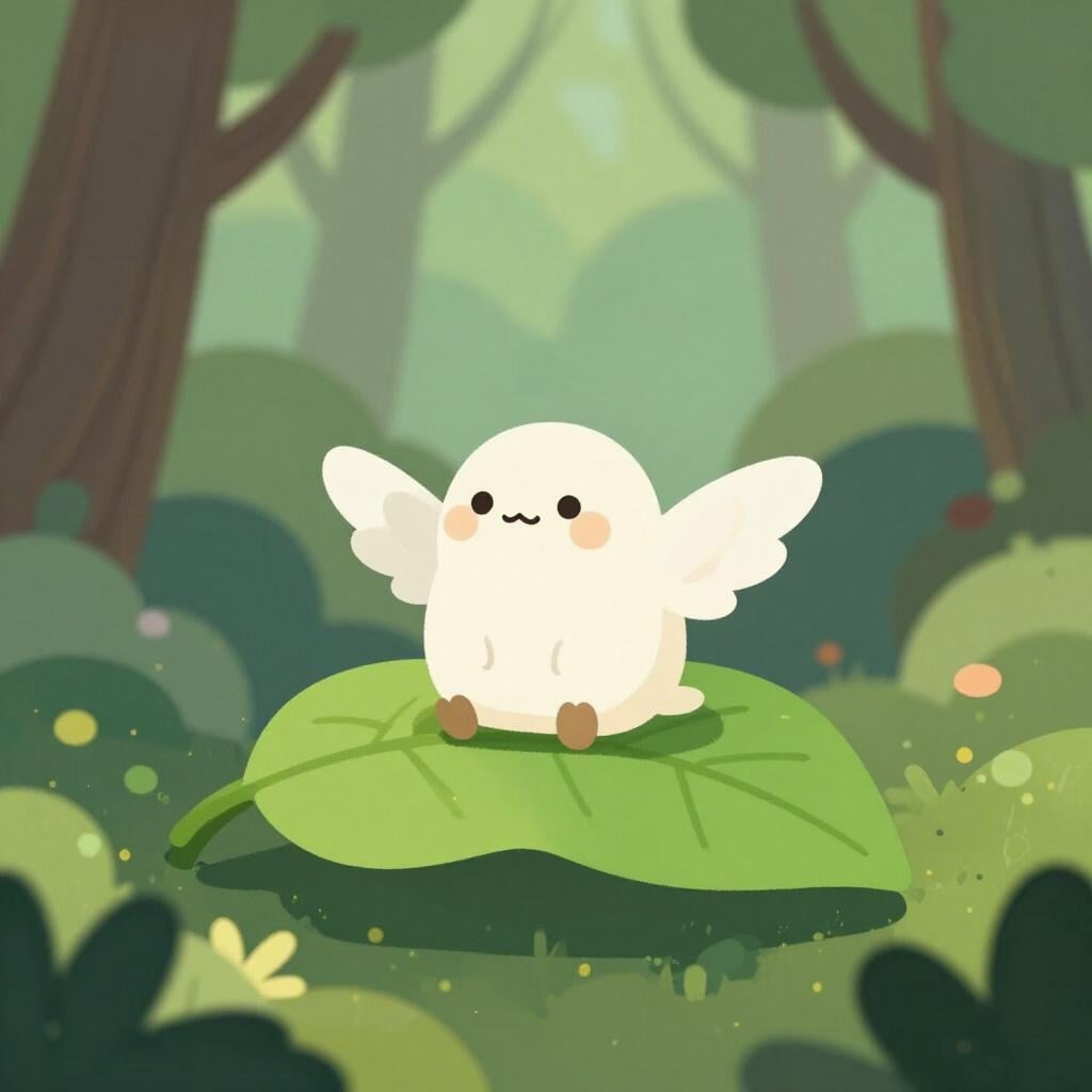Une petite créature magique lumineuse assise sur une feuille de forêt.