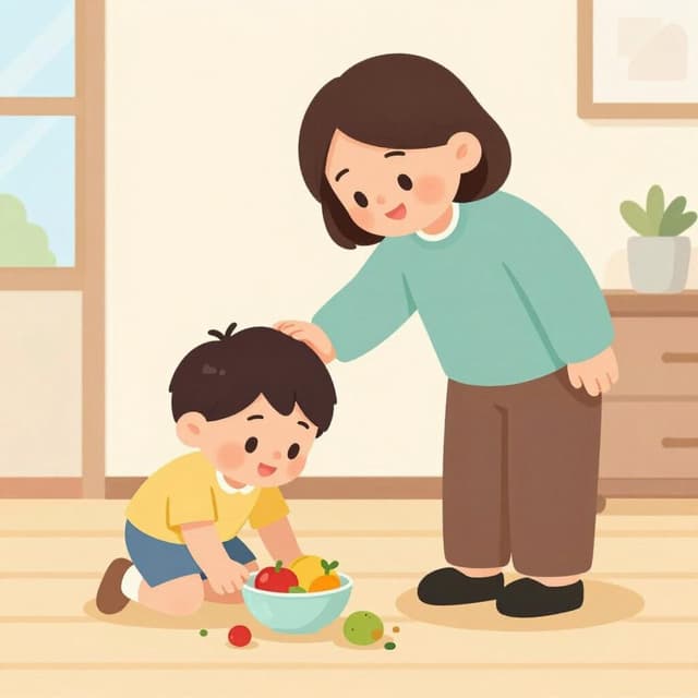 Um adulto gentil sorrindo e dando tapinhas no ombro de uma criança que acidentalmente deixou cair uma pequena tigela de frutas.