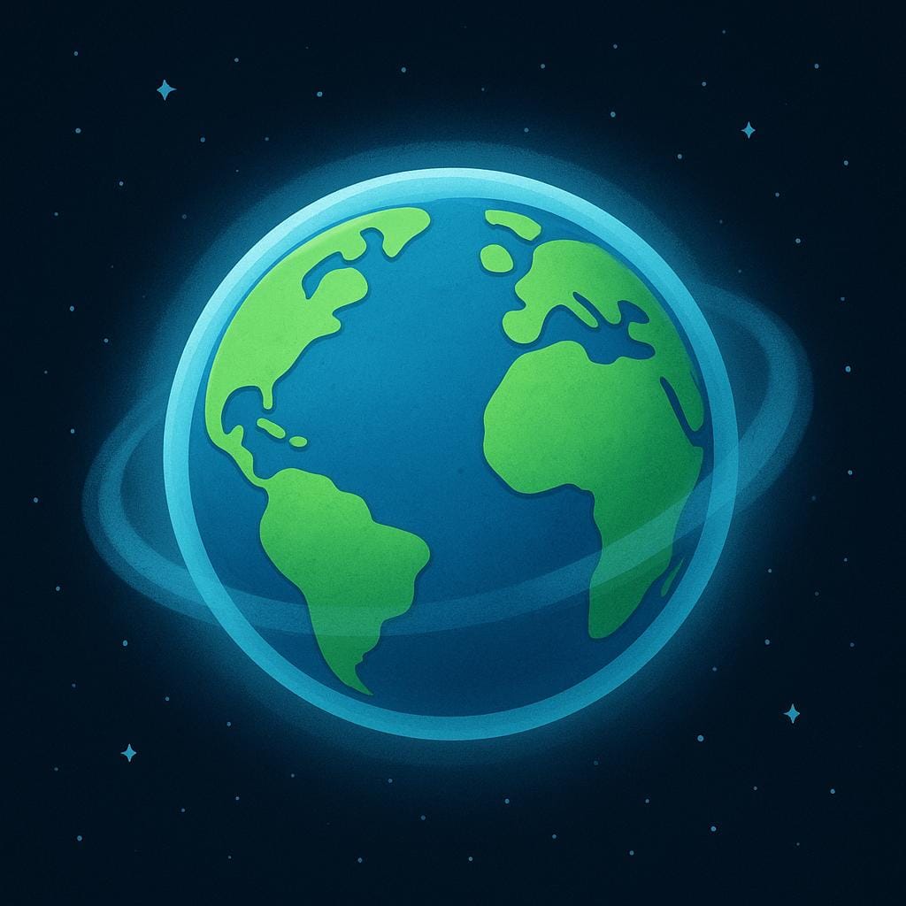 Une illustration de livre d'histoires colorée montrant une planète bleue et verte sphérique flottant dans l'espace sombre, clairement entourée d'une épaisse couche de gaz bleu clair représentant l'atmosphère.