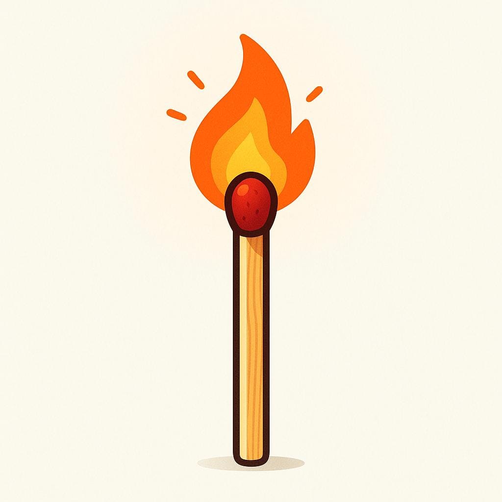 A close-up illustration of a wooden matchstick that has just been lit, showing a small, vibrant flame.