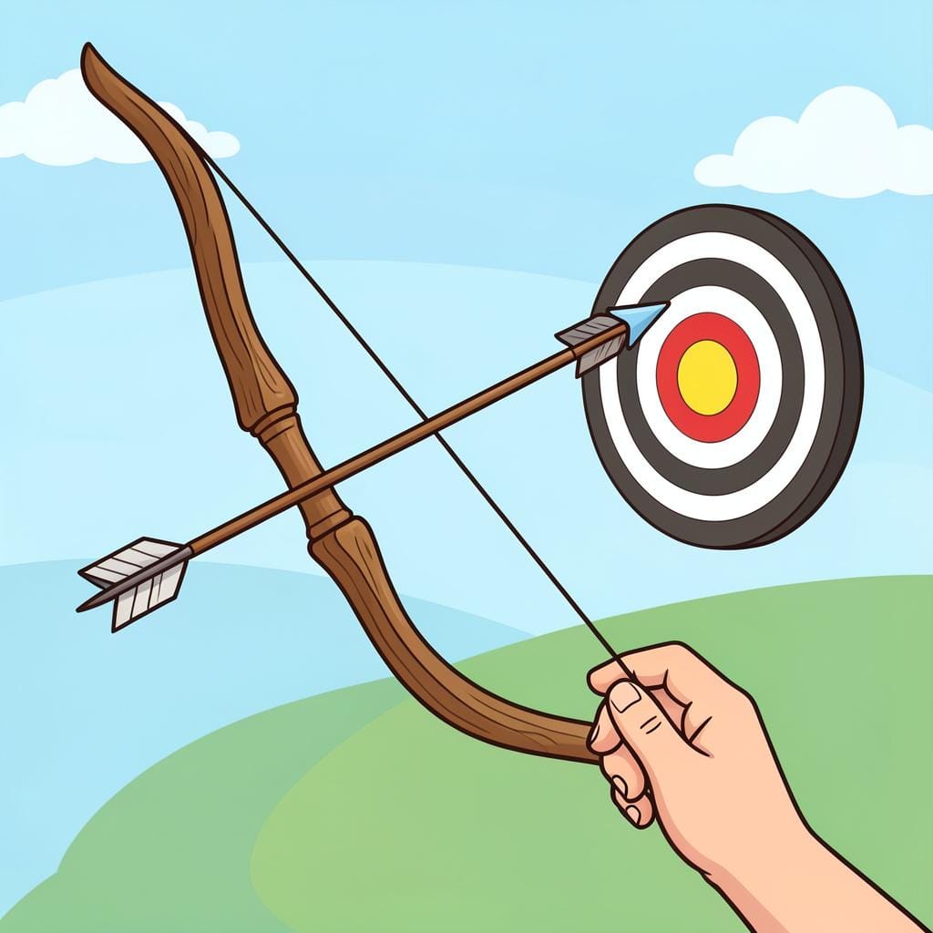 A simple wooden bow with an arrow being released towards a round target.