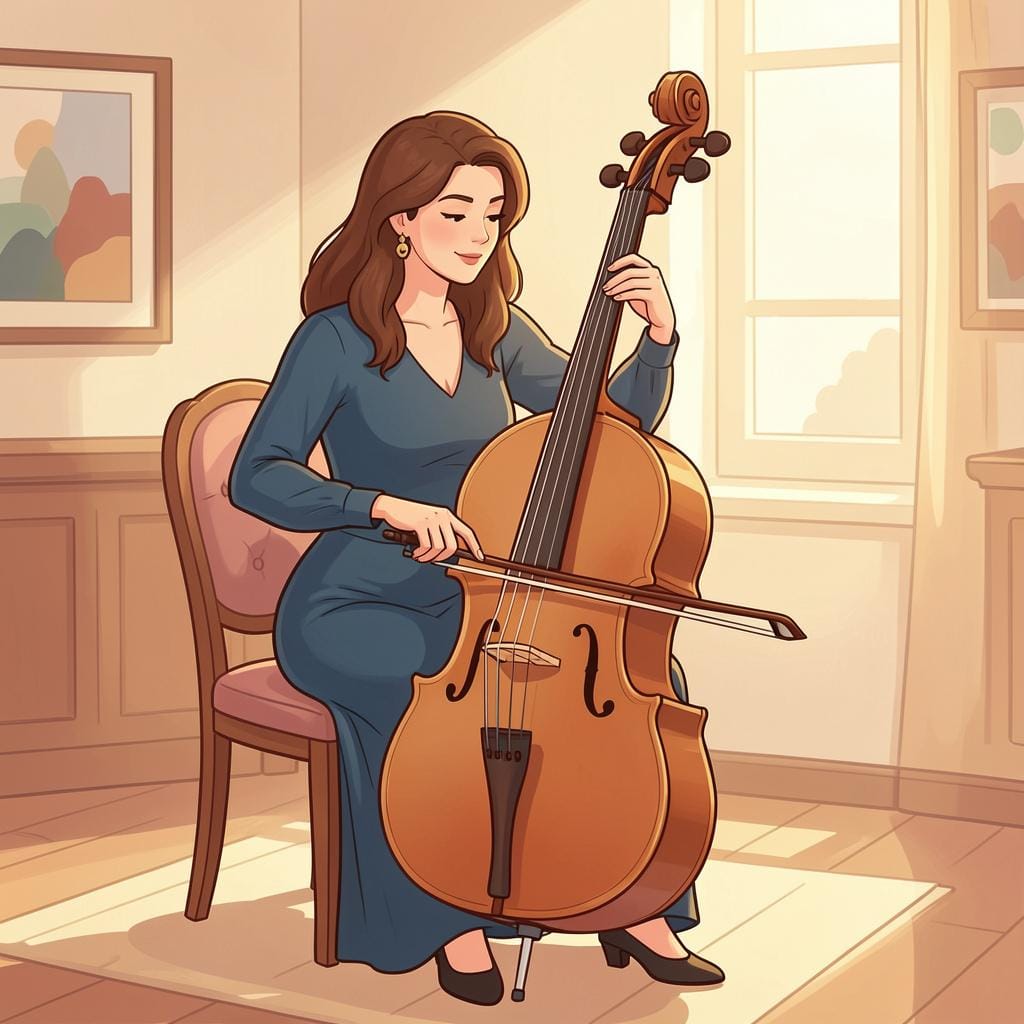 A woman skillfully playing a cello with perfect form and concentration.