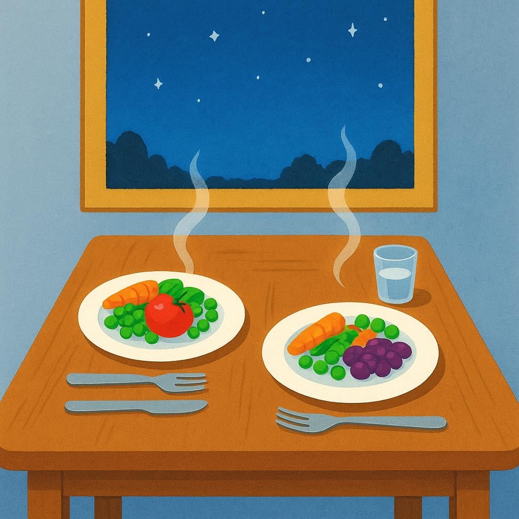 A beautifully set dinner table with two plates of steaming food and a gentle evening light filtering through a window, representing the evening meal.