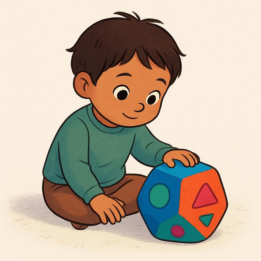 A young child sitting on the floor, completely absorbed and curious while staring intently at a colorful toy block.