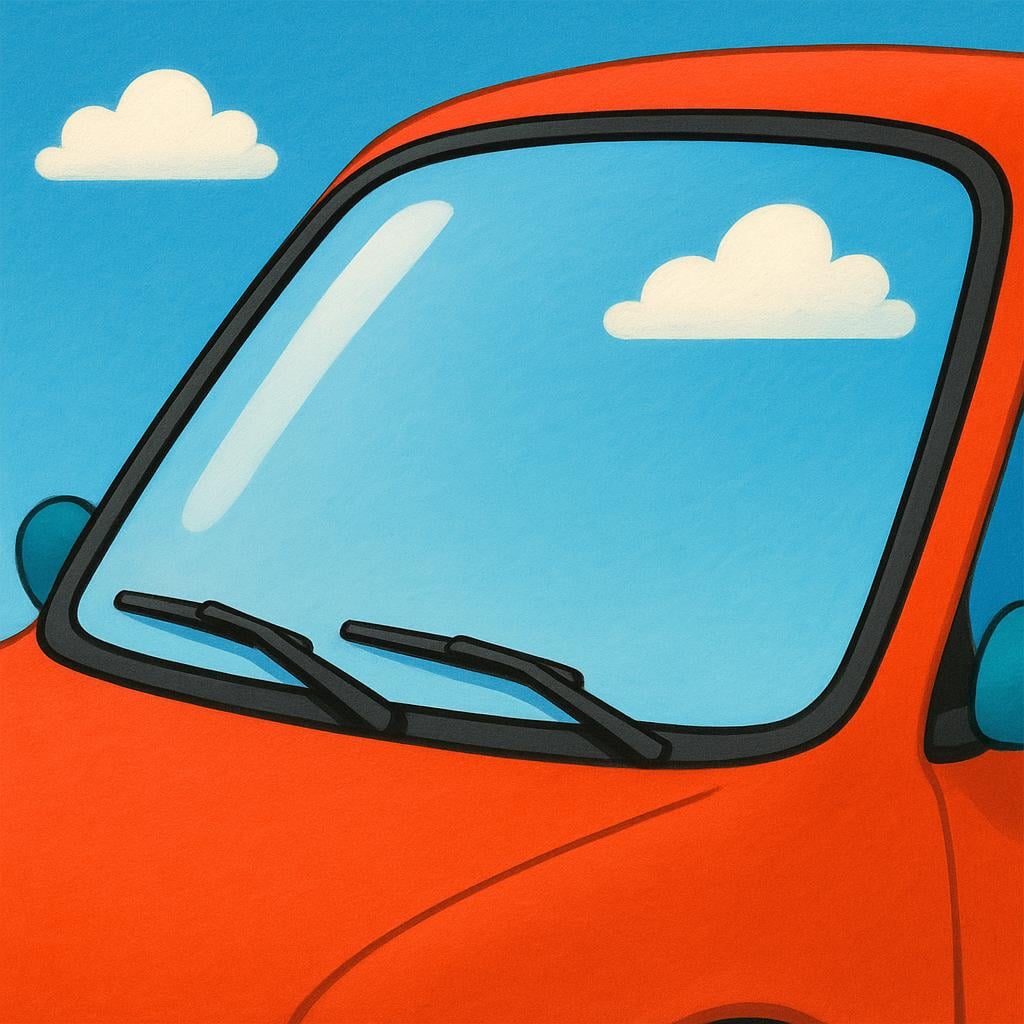 A close-up view of the front of a red car, focusing on the clear glass of the windshield.