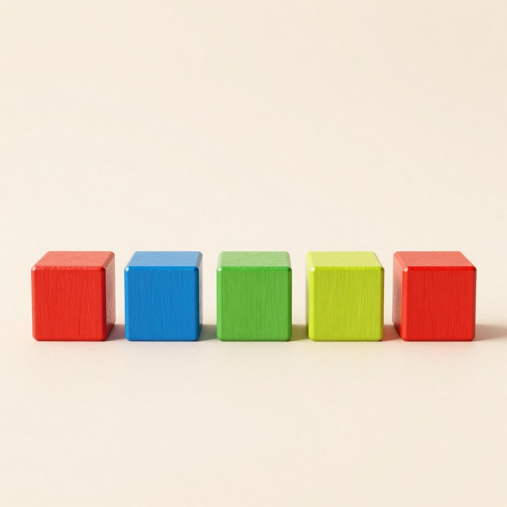A neat row of colorful toy wooden blocks perfectly aligned in a straight line on a wooden floor.
