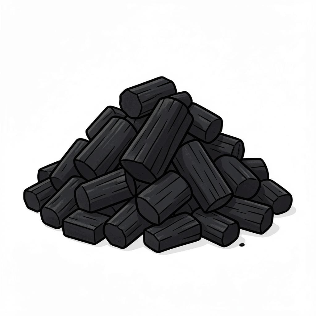 A pile of black, porous charcoal chunks on a white background.
