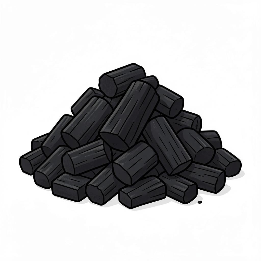 A pile of black, porous charcoal chunks on a white background.
