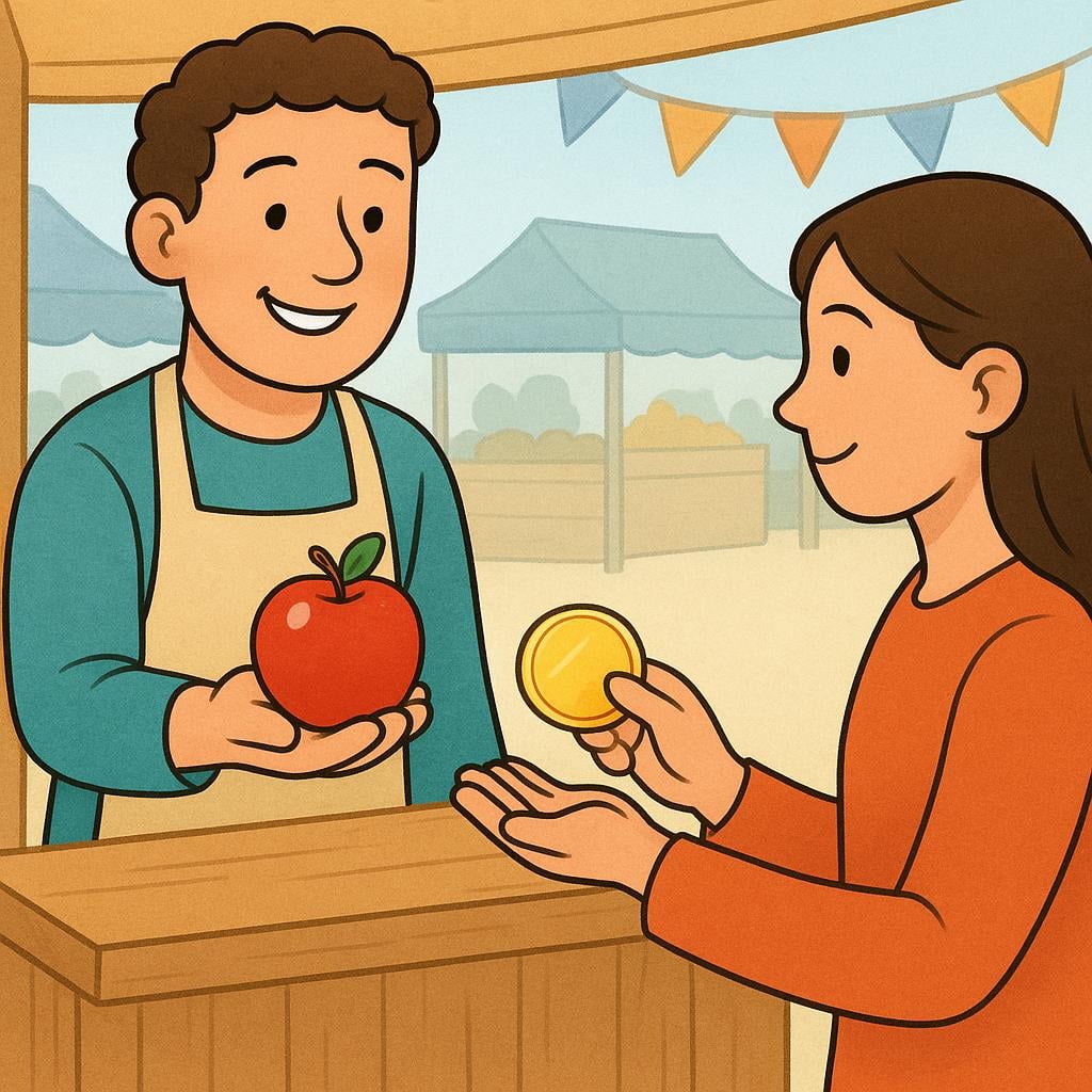 A market vendor exchanging a red apple for a gold coin with a customer, illustrating the concept of selling.