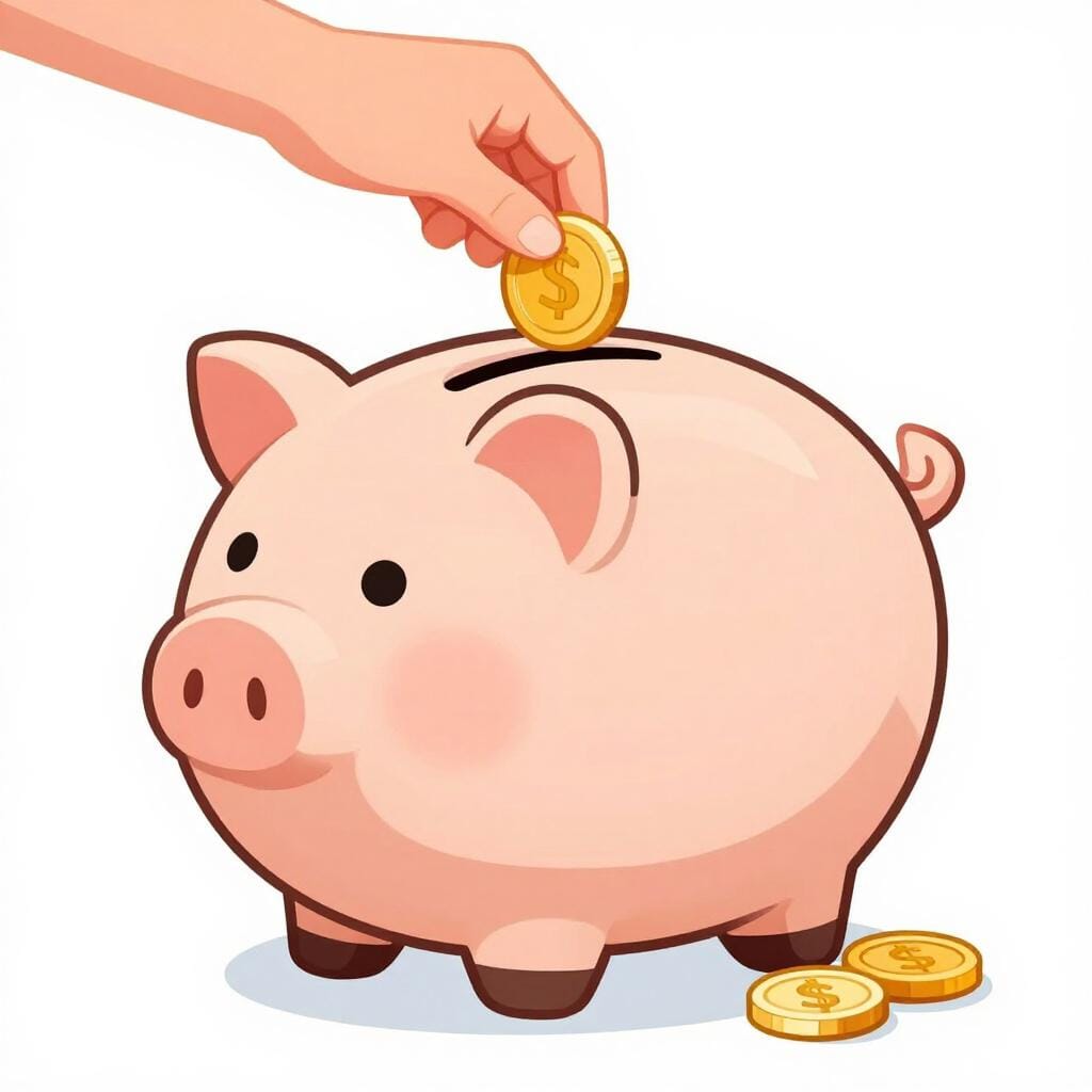 A hand placing a golden coin into an overflowing piggy bank.
