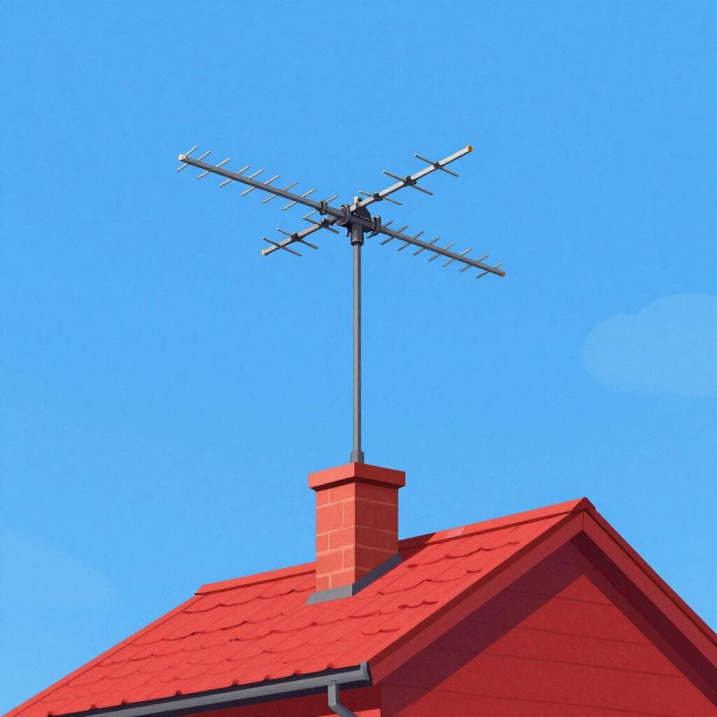 A metal antenna on top of a red house roof against a blue sky.