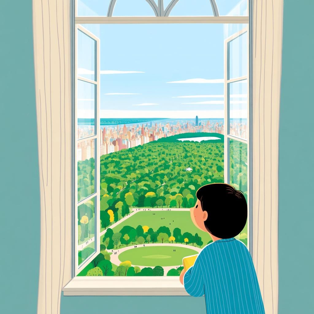A person looking out of a window that frames a clear, expansive view of a large city park, illustrating a past possibility.