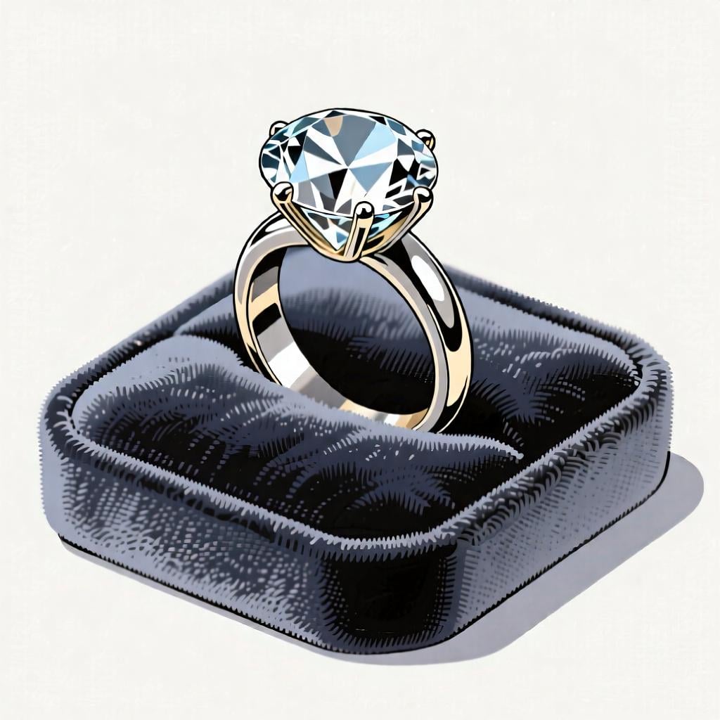 A large, brilliant diamond engagement ring displayed prominently on a dark velvet cushion, symbolizing high cost.