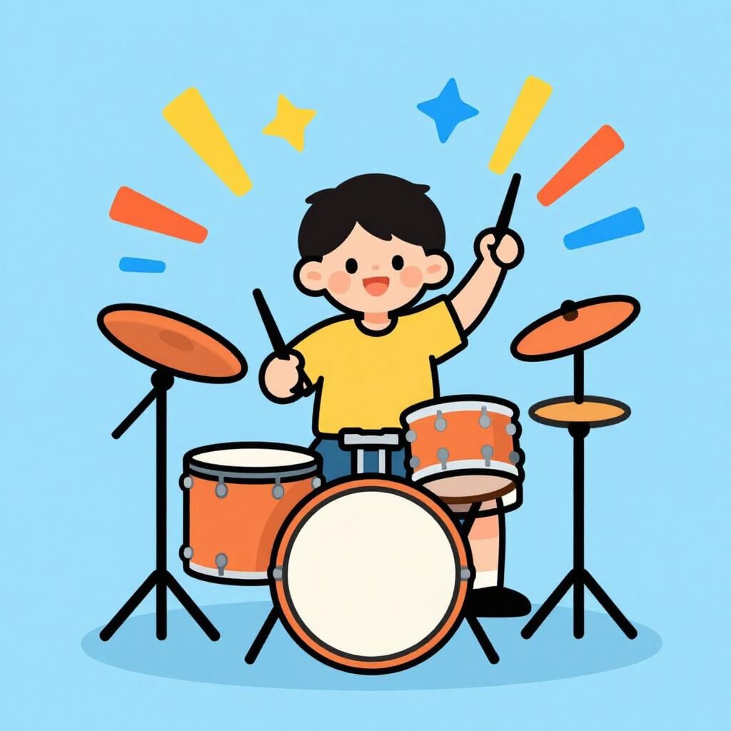 カラフルなジグザグ線が飛び散る明るい赤いドラムセットを、大きな音を表すように熱心に叩いている子供。