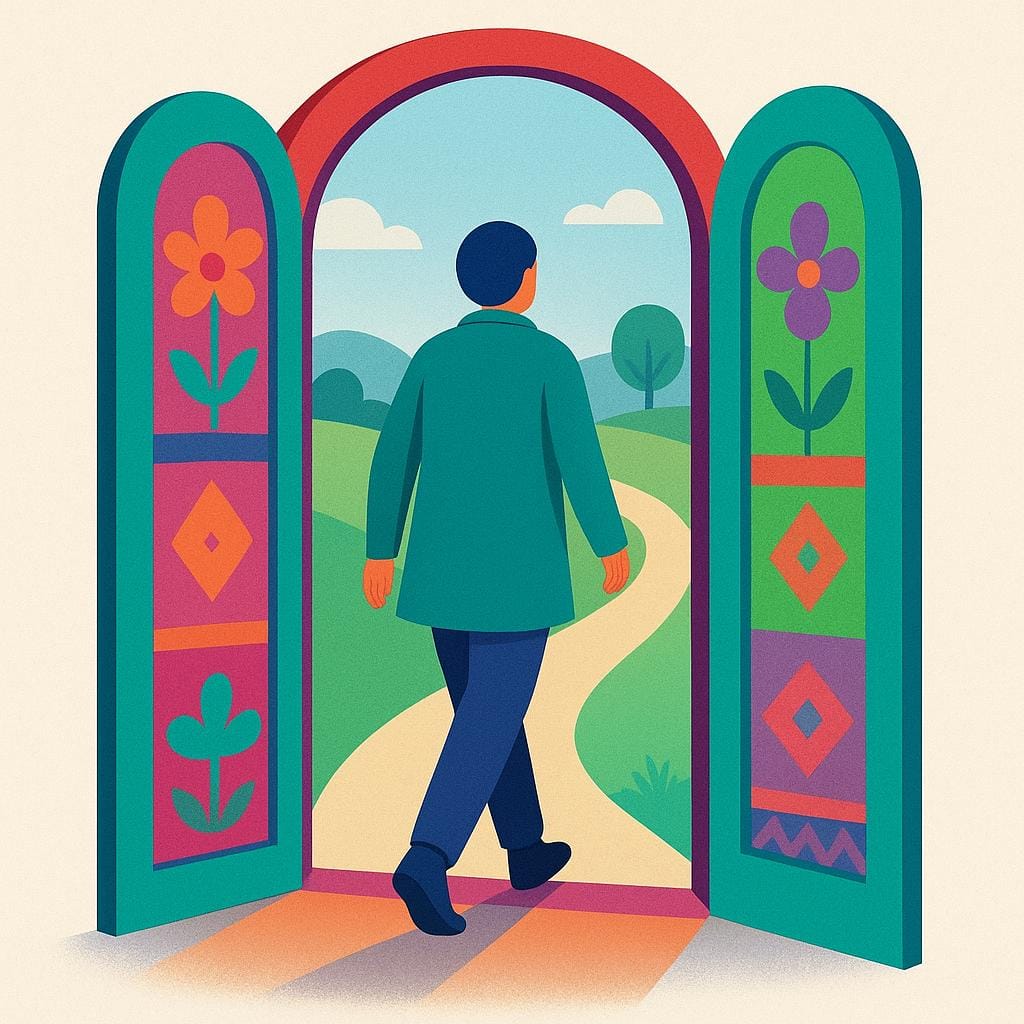 Een kleurrijke illustratie die een persoon toont die weggaat van een felgekleurde deuropening en een pad begint af te leggen, wat de actie van vertrekken benadrukt.