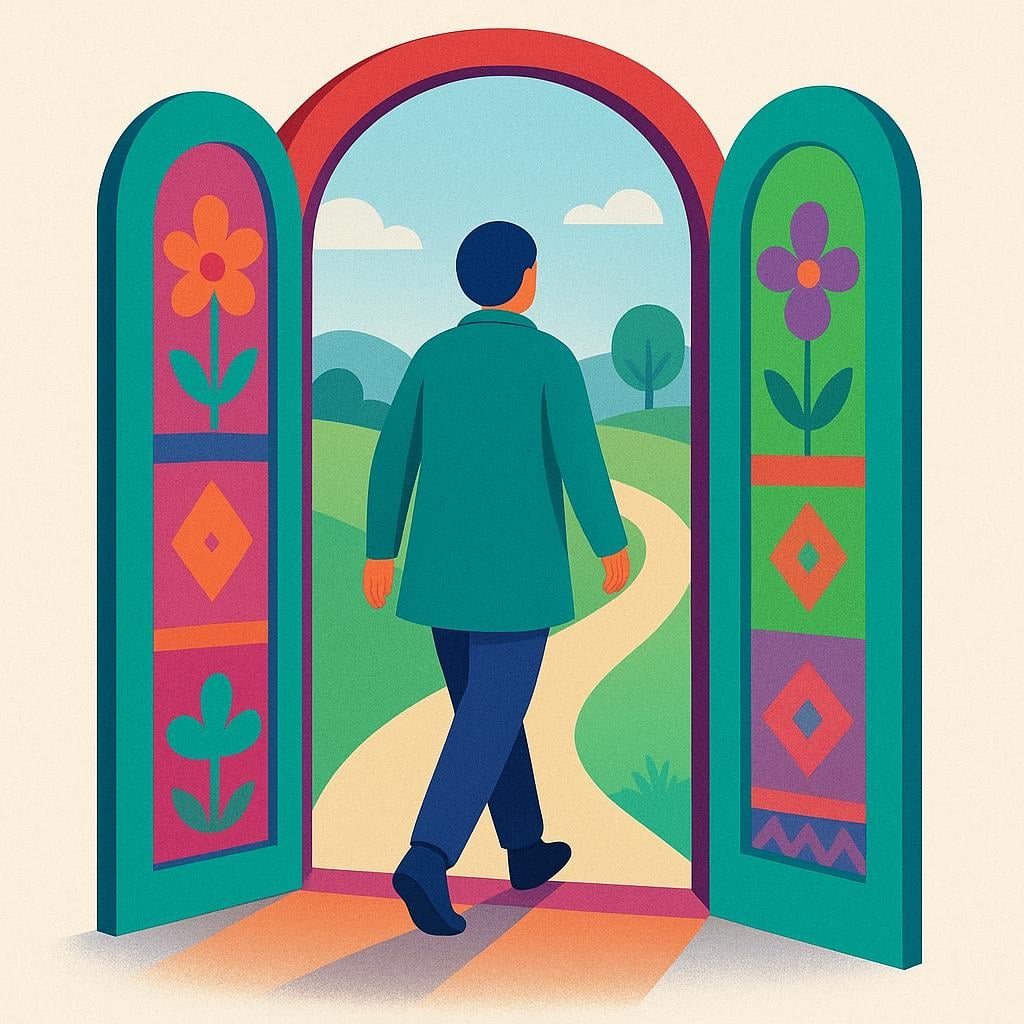 A colorful illustration showing a person walking away from a brightly colored doorway and beginning to travel down a path, emphasizing the action of leaving.