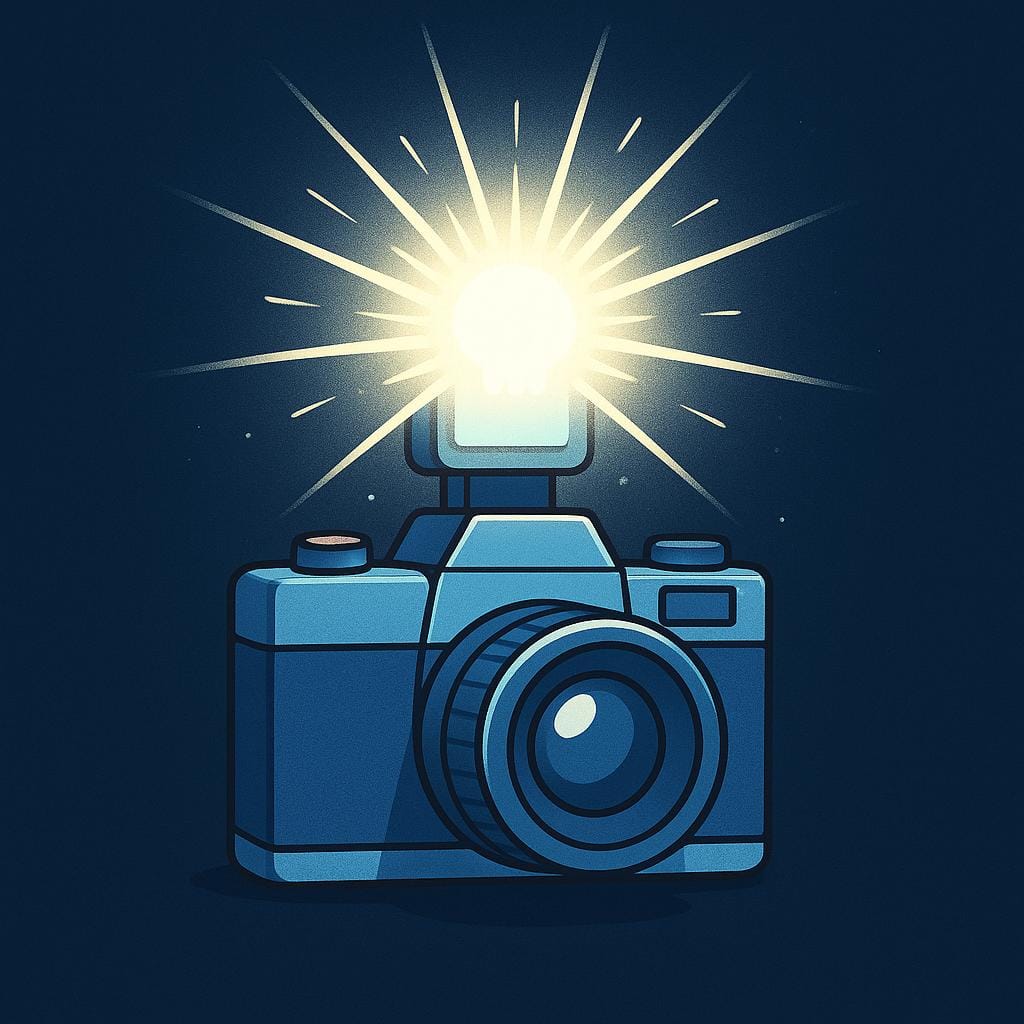 A vintage camera positioned in the center, emitting a brilliant, white burst of photographic light from its flash unit, illuminating the surrounding area.